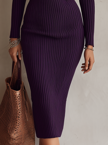 Elegant Deep Plum Off-Shoulder Button Knit Midi Dress