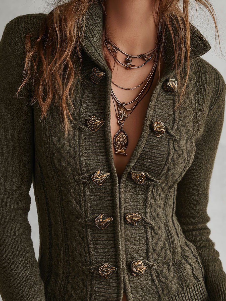 Retro Cable-knit Ribbed Mock-neck Slim-fit Cardigan