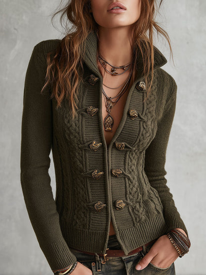 Retro Cable-knit Ribbed Mock-neck Slim-fit Cardigan