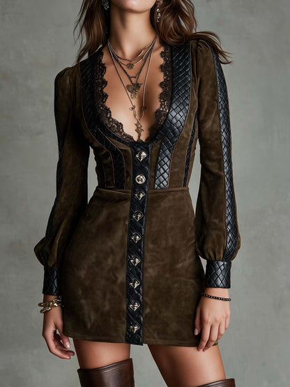Elegant Vintage Dark Olive Suede Puff Sleeve Mini Dress