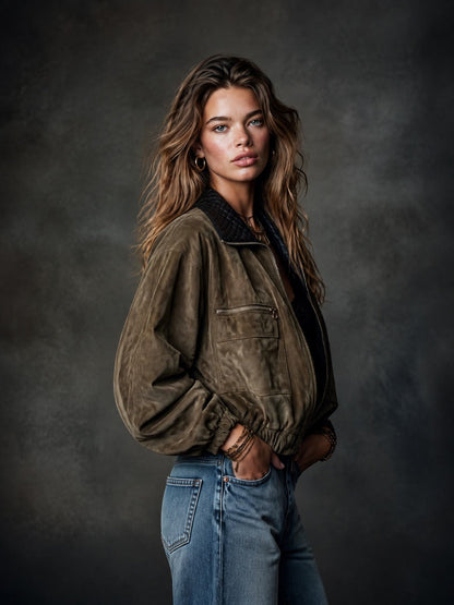 Vintage Suede-Look Zip-Up Bomber Jacket with Quilted Contrast Collar