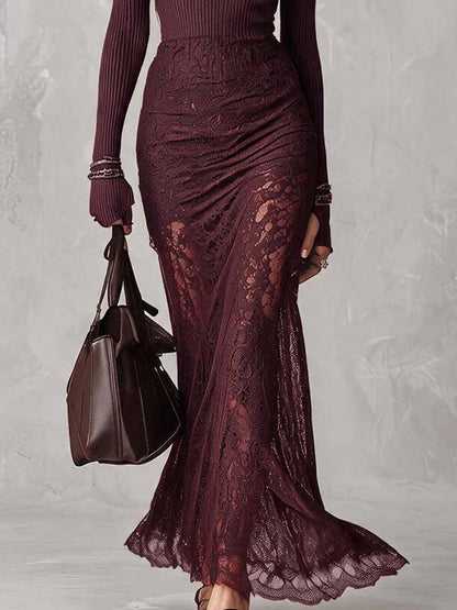 Romantic Bohemian Ribbed Knit Collar Long Sleeve Sheer Lace Maxi Dress