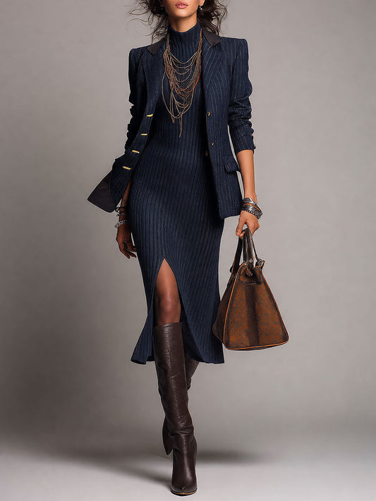 Retro Pinstripe Blazer & Ribbed Knit Slit Midi Dress Set