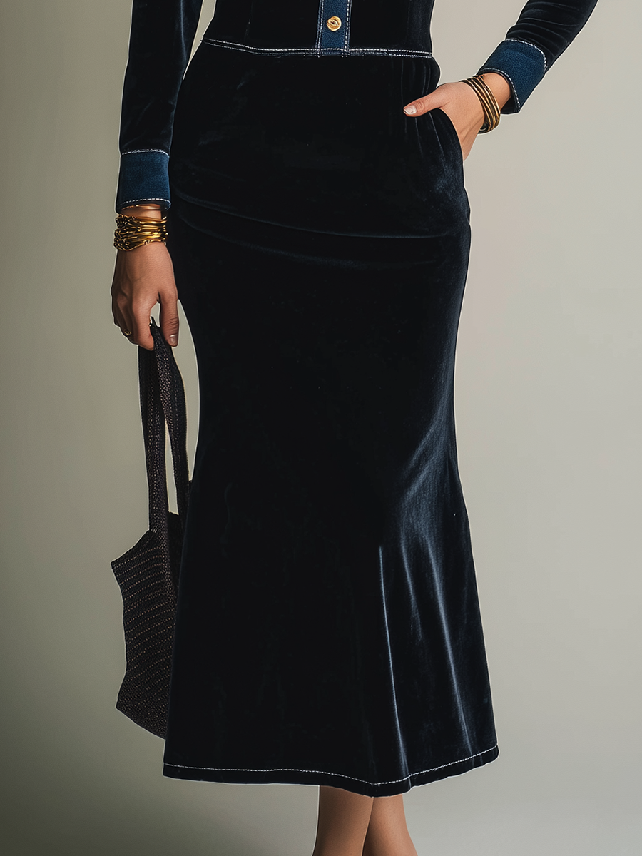 Refined Midnight Navy Contrast Trim Velvet Maxi Dress