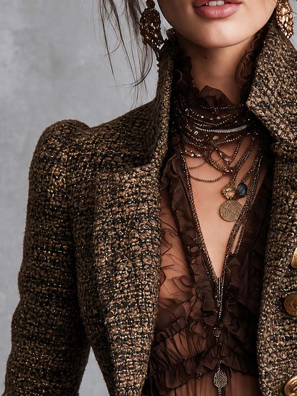 vintage Tweed Metallic Thread Double-Breasted Blazer with Gold Buttons