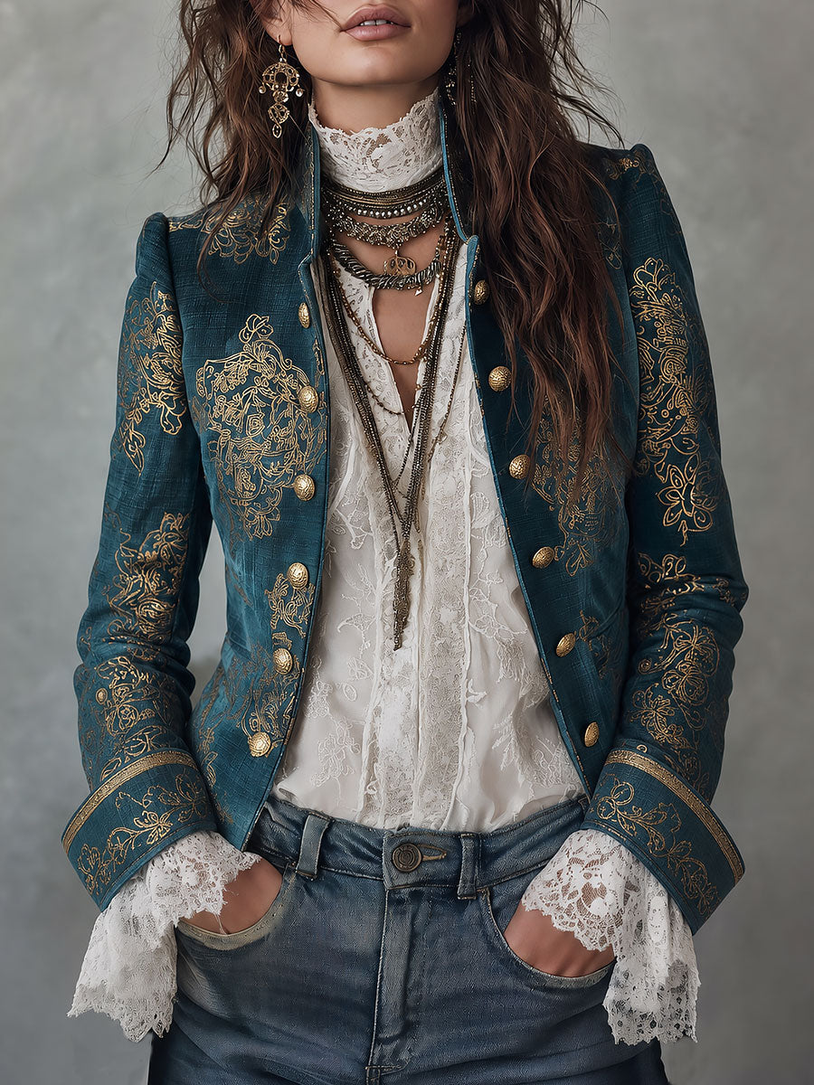 Retro Military Style Stand-collar Gold Baroque Print Blazer