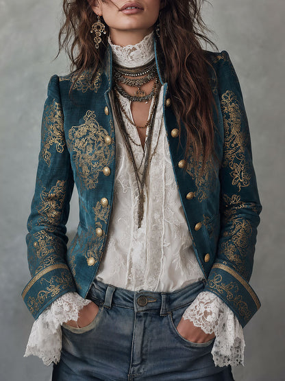 Retro Military Style Stand-collar Gold Baroque Print Blazer