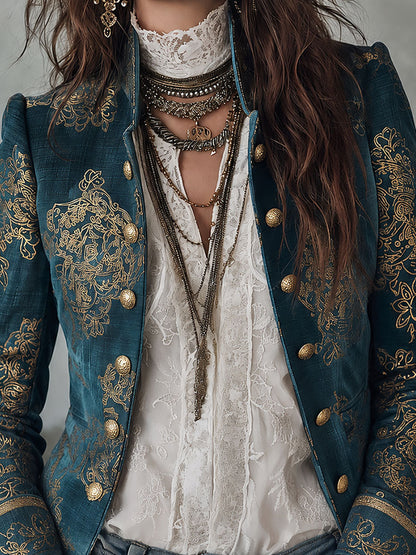 Retro Military Style Stand-collar Gold Baroque Print Blazer