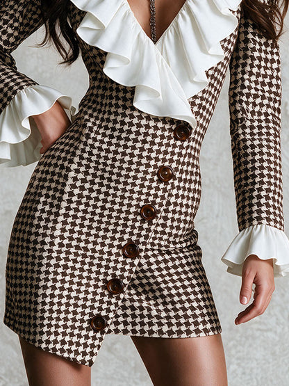 Retro 70s Wrap Decor‑Button Houndstooth Dress With Ruffle Trim