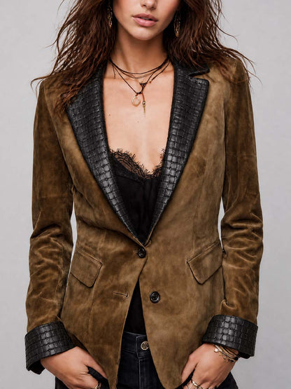 Vintage Suede Blazer with Woven Leather Trim Lapel