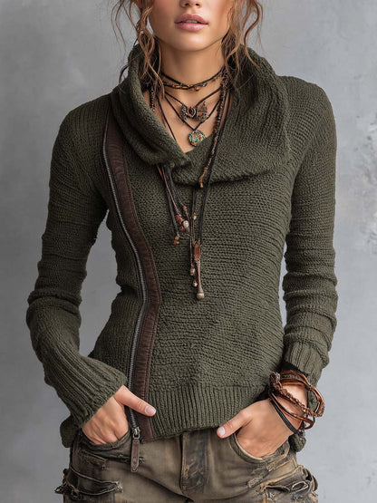 Vintage-style Asymmetric Zip-up Knit Sweater