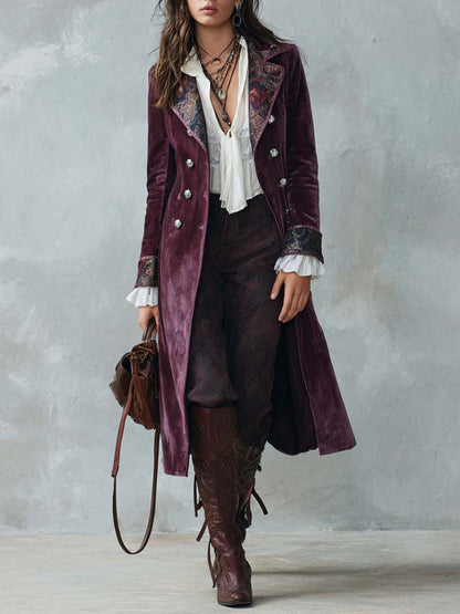 Vintage Oil Painting-style Printed Collar Polyester Velvet Coat