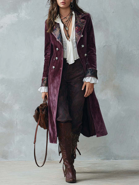 Vintage Oil Painting-style Printed Collar Polyester Velvet Coat