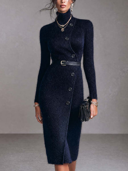Vintage Fuzzy Knit Turtleneck Button-Up Sweater Dress with Belt