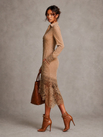 Vintage Suede Lace-Trim Long Sleeve Midi Dress with Button Front