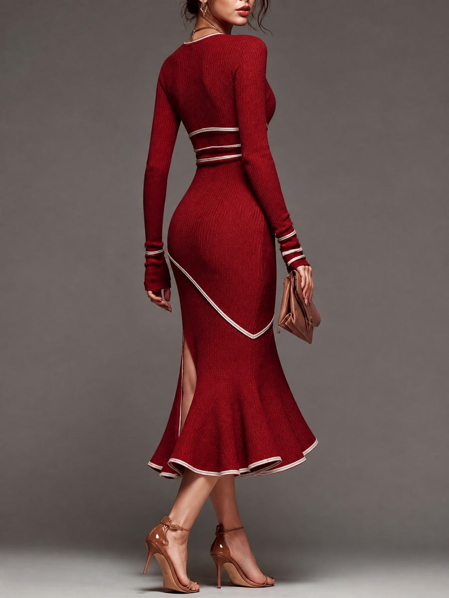 Vintage V-Neck Long Sleeve Contrast Piping Knit Bodycon Mermaid Dress with Slit