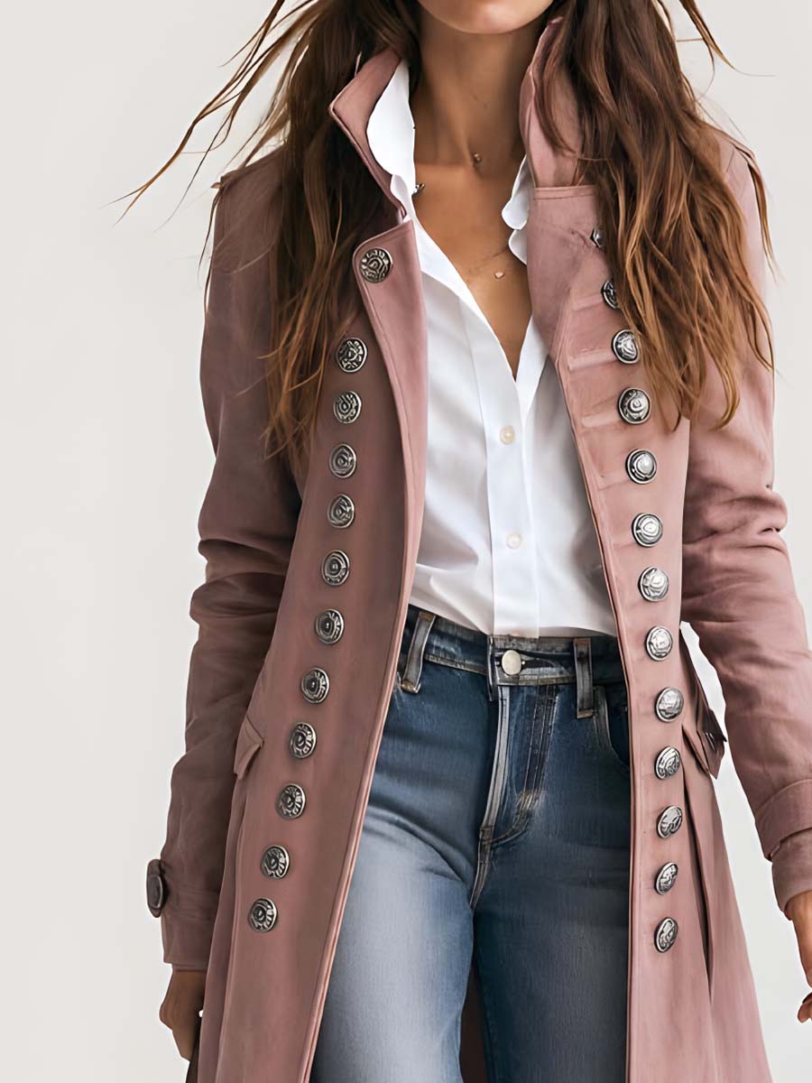 Military-style Multi-button Polyester Suede Coat