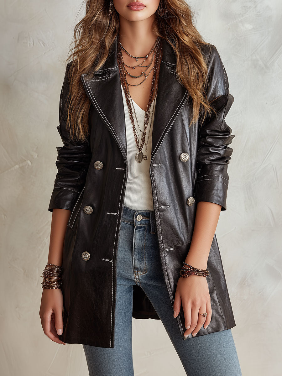 Vintage-style Black Eco-leather Double-breasted Trench Coat