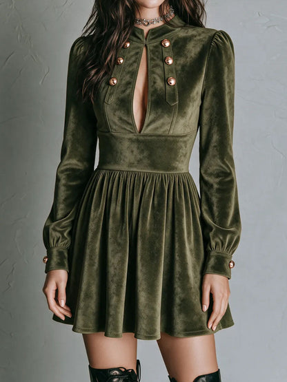 Gothic Victorian Double Bronze Buttons Olive Velvet Mini Dress