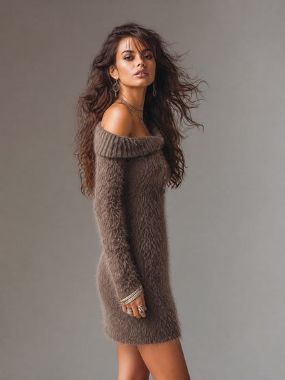 Vintage Fuzzy Knit Off-Shoulder Long Sleeve Mini Sweater Dress