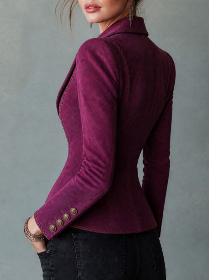 Retro Magenta Fitted Suede Blazer With Braided Trim