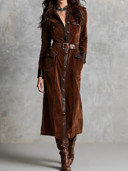 Vintage Western Corduroy Belted Shirt Dress With Leather Trim