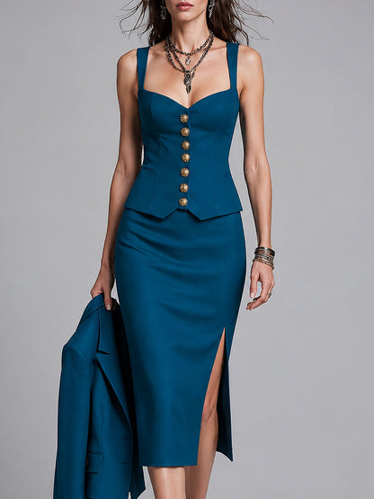 Elegant Button-Accented Sweetheart Neckline Top & Slit Hem Skirt Set