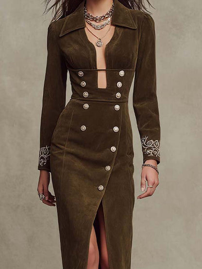 Retro Napoleon Style Embroidered Suede Cuff Slim-fit Midi Dress