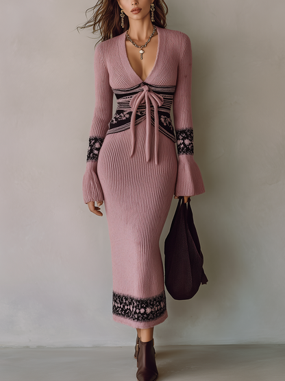 Romantic Dusty Rose Tie-Front Knit Midi Dress
