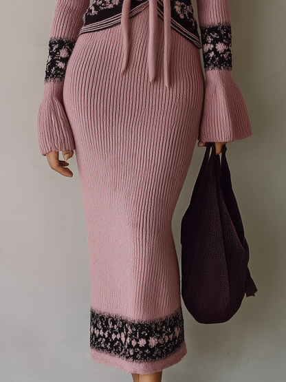 Romantic Dusty Rose Tie-Front Knit Midi Dress
