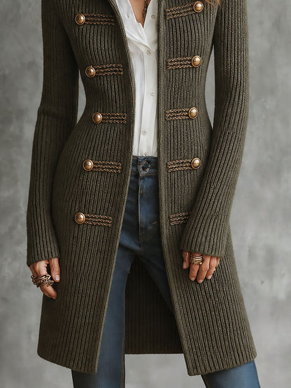 Military Style Ribbed Knit Longline Cardigan With Braided Button Trim