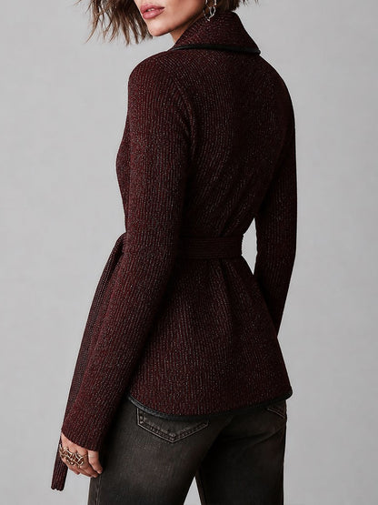 Boho Wrap Front Belted Knit Cardigan With Faux Leather Trim