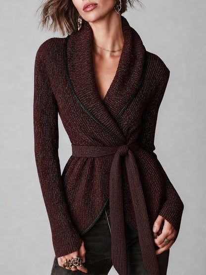 Boho Wrap Front Belted Knit Cardigan With Faux Leather Trim