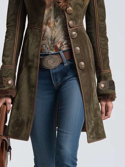 Vintage Faux Fur-collar Polyester Suede Coat