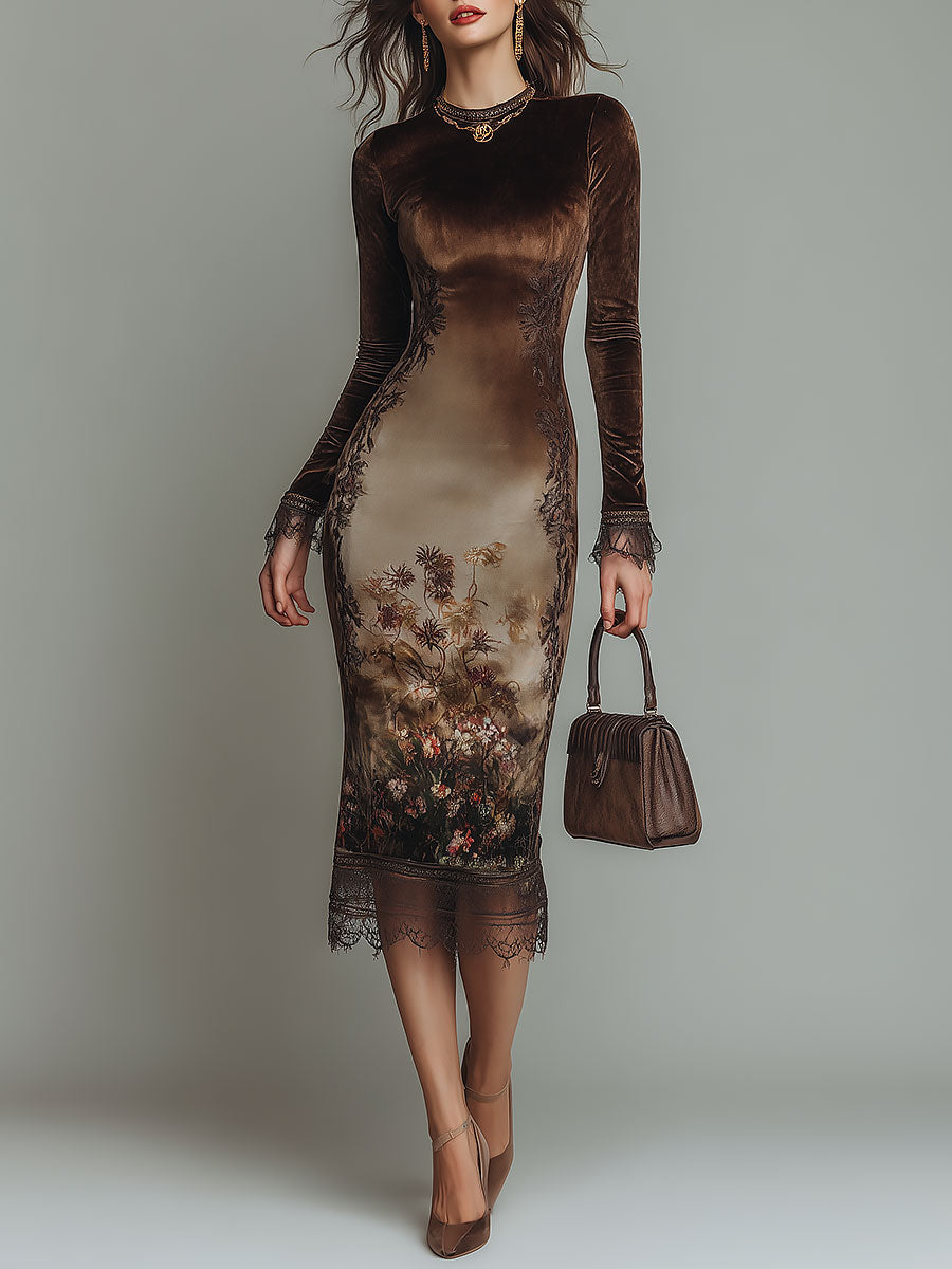 Elegant Round-neck Printed Velvet Midi Dress With Lace Trim