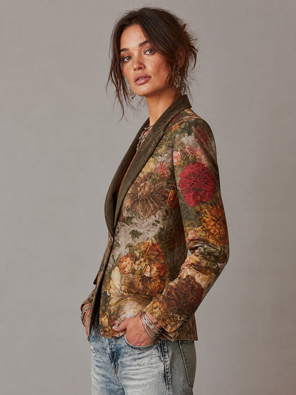 Vintage Floral Print Blazer with Contrast Collar Slim Fit Jacket