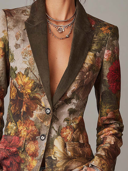 Vintage Floral Print Blazer with Contrast Collar Slim Fit Jacket