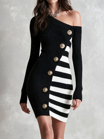 Elegant Asymmetric Off‑One‑Shoulder Contrast Striped Knit Dress