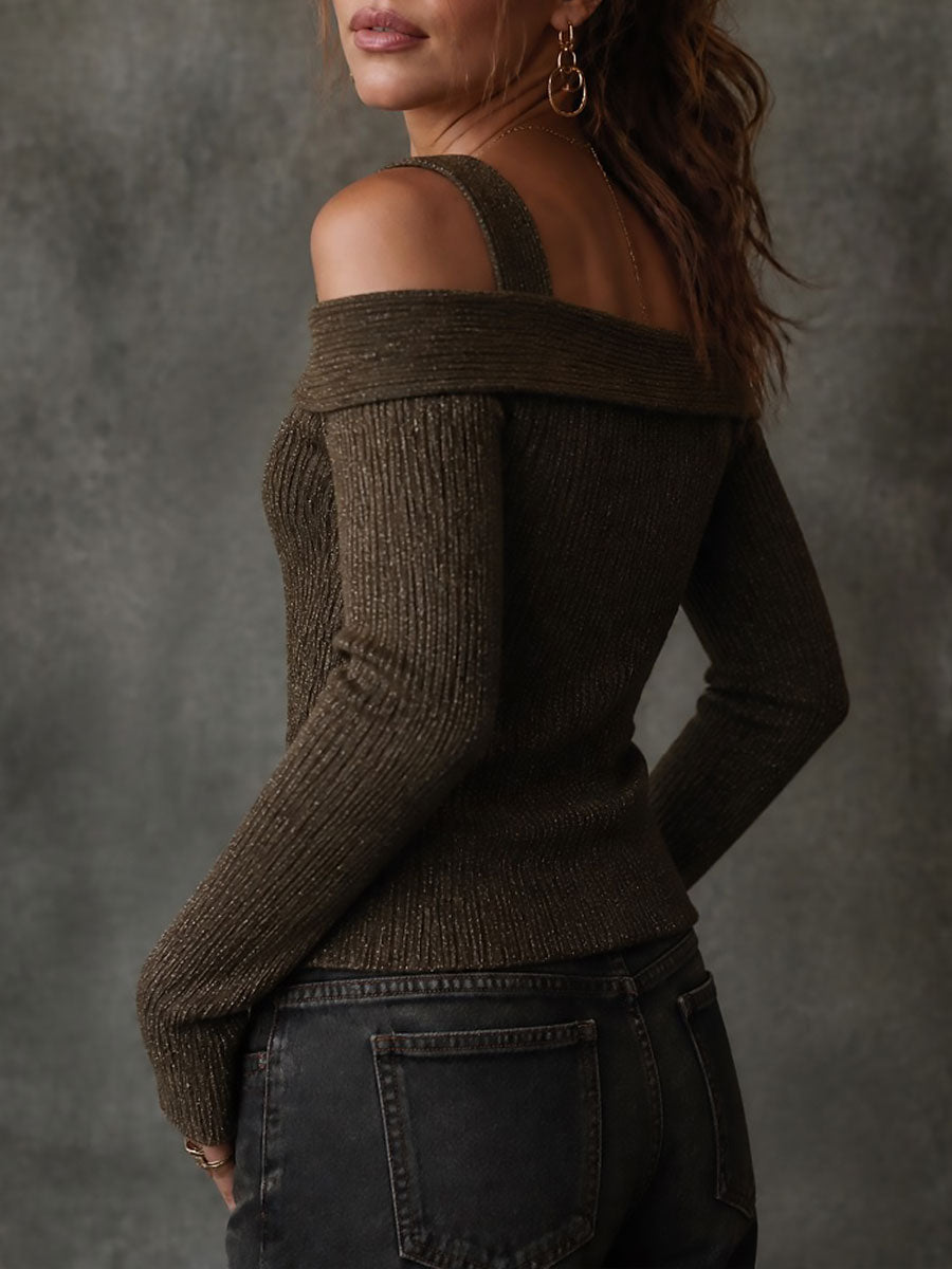 Retro Off-Shoulder Ribbed Knit Sweater With Button Front
