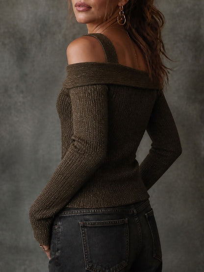 Retro Off-Shoulder Ribbed Knit Sweater With Button Front
