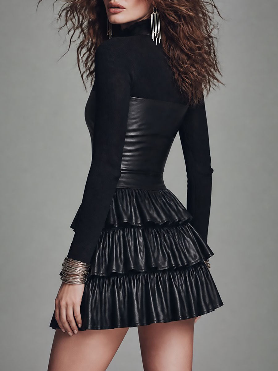 Boho Ribbed Long Sleeves Faux Leather Tiered Ruffle Mini Dress