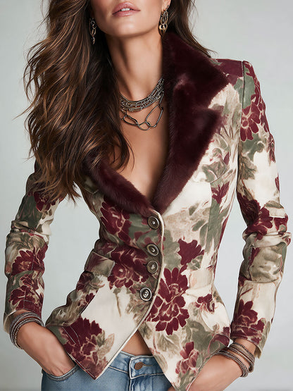 Retro Single-breasted Floral Print Slim-fit Blazer With Faux Fur Collar