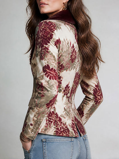 Retro Single-breasted Floral Print Slim-fit Blazer With Faux Fur Collar