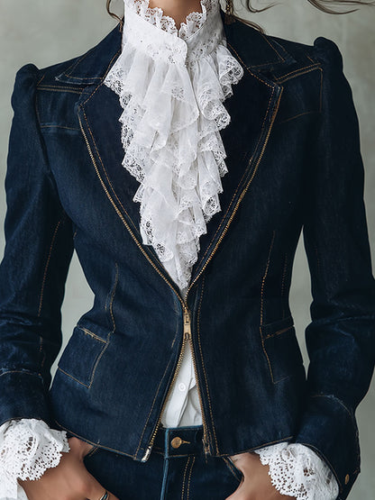 Vintage Lapel Collar Puff Sleeves Denim Jacket With Front Zip