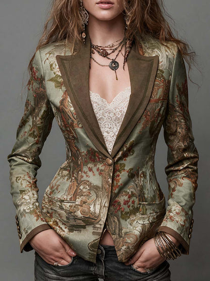 Vintage Floral Print Tailored Blazer With Suede Lapel