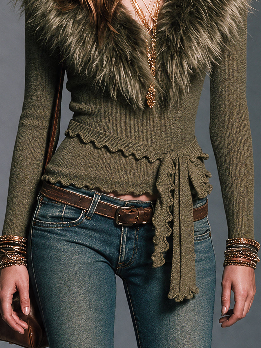 Bohemian Sage-colored Knit Wrap Top With Fur Collar