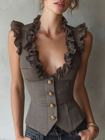 Elegant Houndstooth Slim-Fit Ruffle-Trim Vest