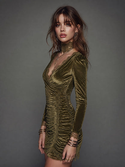 Elegant Velvet Wrap Mini Dress with Lace Trim Long Sleeve Ruched Bodycon