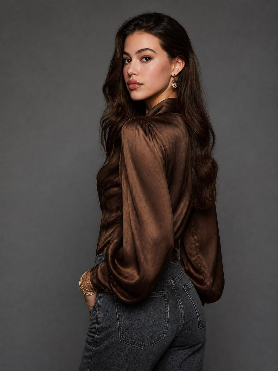 Vintage Satin Bow-Tie Neck Long Sleeve Blouse