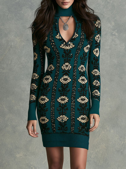 Boho Retro Mock Neck Teal Floral Jacquard Knit Dress With Keyhole